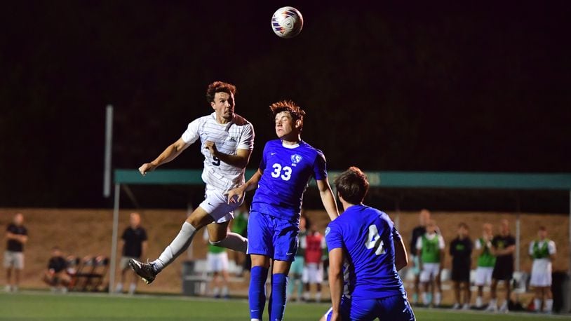 Wright State's Cole Werthmuller (9) tries to score on a header vs. Eastern Illinois earlier this eason. Werthmuller leads the Horizon League with seven goals this season. Joe Craven/Wright State Athletics