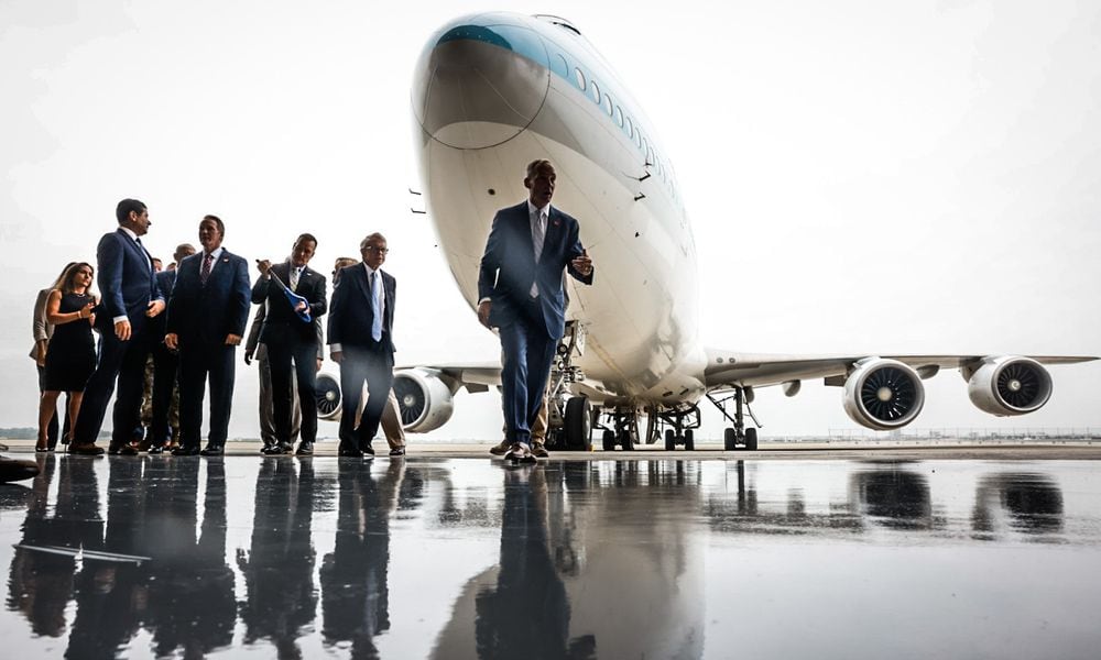 Sierra Nevada Corp. celebrated the opening of it's new 100,000-square-foot aircraft maintenance hanger and plans to build two more which will be larger. The pictured aircraft is a 747 which has been by SNC and will become the Airborne Operations Center. JIM NOELKER/STAFF