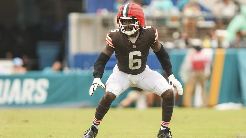 FILE - Cleveland Browns linebacker Jeremiah Owusu-Koramoah (6) reacts at the snap during an NFL football game against the Jacksonville Jaguars, Sunday, Sept. 15, 2024, in Jacksonville, Fla. (AP Photo/Gary McCullough, File)