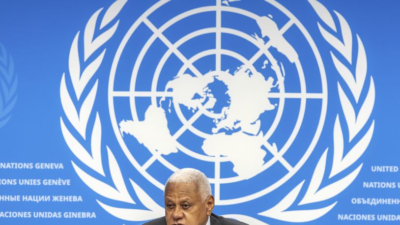 Mohamed Chande Othman, chair of the of the United Nations Fact-Finding Mission, presents its first investigative report to the media during a press conference at the European headquarters of the United Nations in Geneva, Switzerland, Friday, Sept. 6, 2024. (Salvatore Di Nolfi/Keystone via AP)