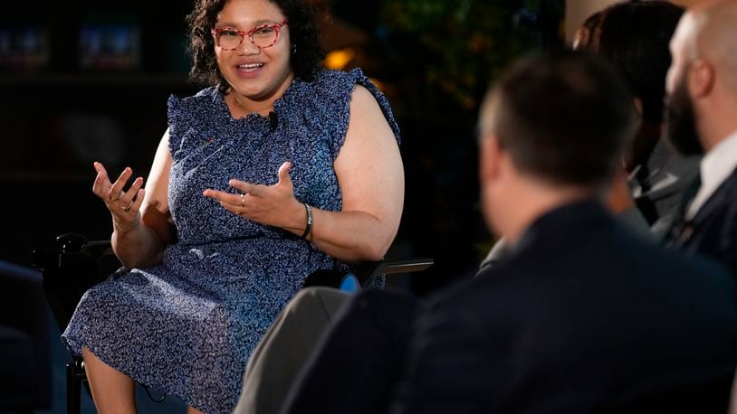 Daphne Frias speaks during an event at United Nations headquarters, Thursday, Sept. 26, 2024. (AP Photo/Seth Wenig)