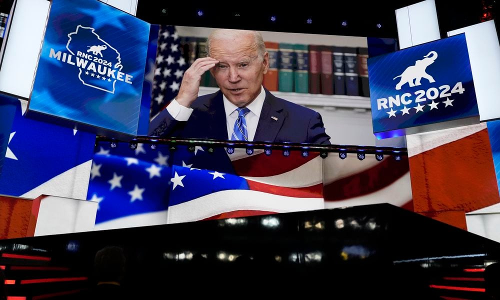 An image of President Joe Biden is projected on a screen during the final night of the 2024 Republican National Convention at the Fiserv Forum, Thursday, July 18, 2024, in Milwaukee. (AP Photo/Carolyn Kaster)