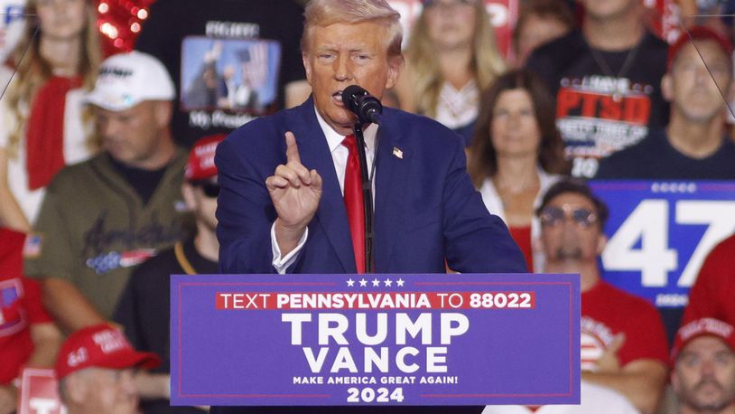 Republican presidential nominee former President Donald Trump speaks at a campaign rally at the Mohegan Sun Arena at Casey Plaza in Wilkes-Barre, Pa., Saturday, Aug. 17, 2024. (AP Photo/Laurence Kesterson)