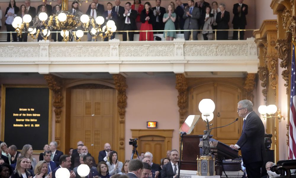 April 10, 2024; Columbus, Ohio, USA; Ohio Governor Mike DeWine gives his 2024 State of the State address in the Ohio House chambers at the Ohio Statehouse on Wednesday afternoon.