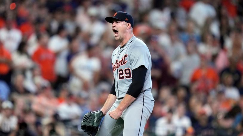 Detroit Tigers starting pitcher Tarik Skubal reacts after striking out Houston Astros' Yainer Diaz during the sixth inning of Game 1 of an AL Wild Card Series baseball game, Tuesday, Oct. 1, 2024, in Houston. (AP Photo/Kevin M. Cox)