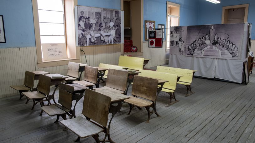 The Blackwell School classroom is pictured during the school inauguration as the newest National Historic Site in Marfa, Texas, Saturday, Sept. 14, 2024. (AP Photo/Andres Leighton)