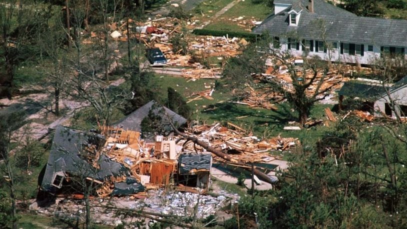 Aerial views made of the devastation wrought by Hurricane Camille after the storm lashed ashore with winds of nearly 200 mph. Interiors of homes were gutted and in some cases, entire homes were flattened.