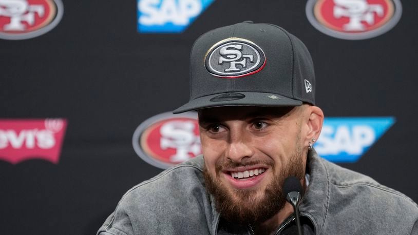 FILE - San Francisco 49ers first round draft pick Ricky Pearsall speaks at an NFL football news conference, April 26, 2024, at the team's facility in Santa Clara, Calif. (AP Photo/Godofredo A. Vásquez, File)