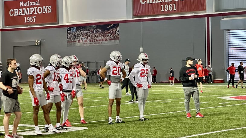 OSU DBs Jermaine Mathews, Jyair Brown, Davison Igbinosun, Ryan Turner practice March 7, 2023 in Columbus.