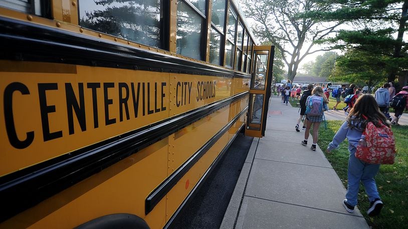 Students arrive at Cline Elementary in Centerville for the first day of school Wednesday, Aug. 16, 2023 . MARSHALL GORBY\STAFF