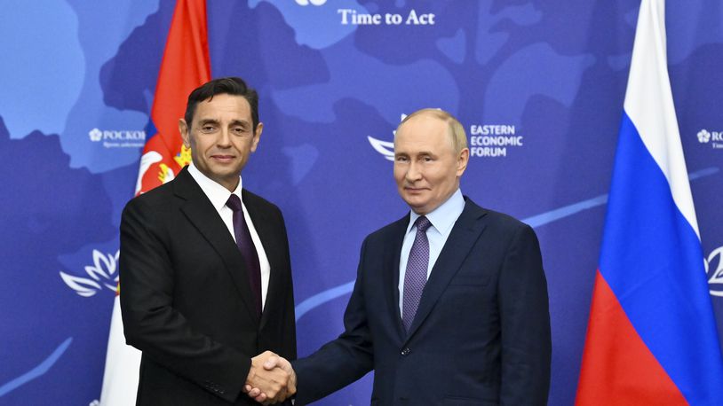 Russian President Vladimir Putin, right, and Serbian Deputy Prime Minister Aleksandar Vulin pose for a photo on the sidelines of the Eastern Economic Forum in Vladivostok, Russia, Wednesday, Sept. 4, 2024. (Kristina Kormilitsyna, Sputnik, Kremlin Pool Photo via AP)