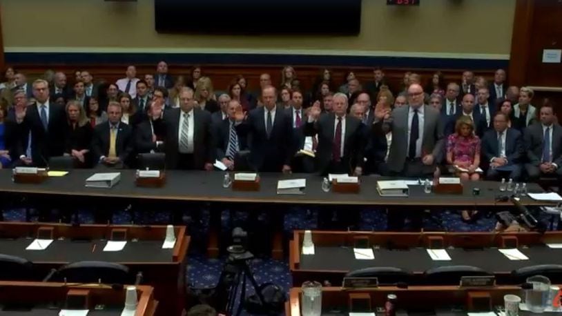 Five drug distributor executives are sworn in under oath before testifying before a Congressional oversight committee about the opioid crisis in West Virginia. CONTRIBUTED