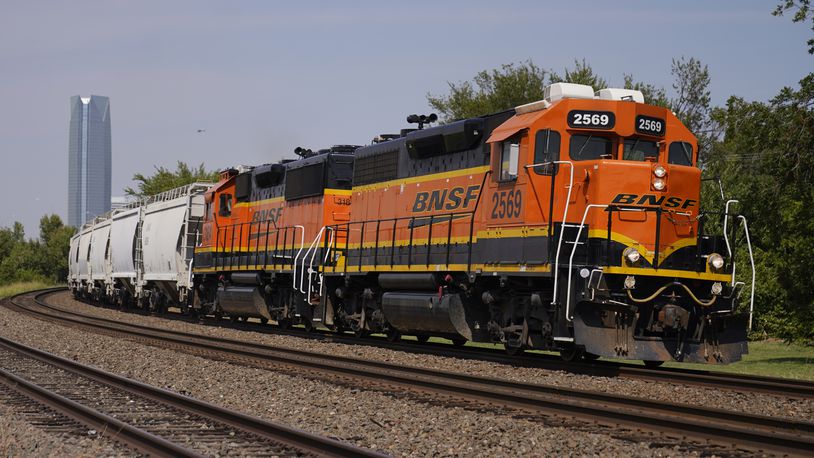 FILE - A BNSF locomotive heads south out of Oklahoma City, Sept. 14, 2022. (AP Photo/Sue Ogrocki, File)