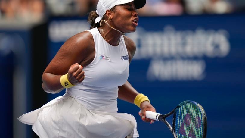 Taylor Townsend, of the United States, reacts after scoring a point against Paula Badosa, of Spain, during the first round of the U.S. Open tennis championships, Wednesday, Aug. 28, 2024, in New York. (AP Photo/Julia Nikhinson)