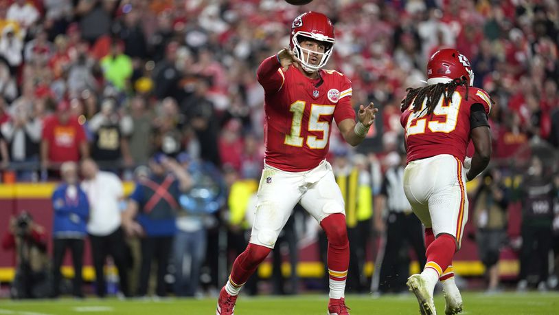 Kansas City Chiefs quarterback Patrick Mahomes throws during the second half of an NFL football game against the New Orleans Saints Monday, Oct. 7, 2024, in Kansas City, Mo. (AP Photo/Ed Zurga)