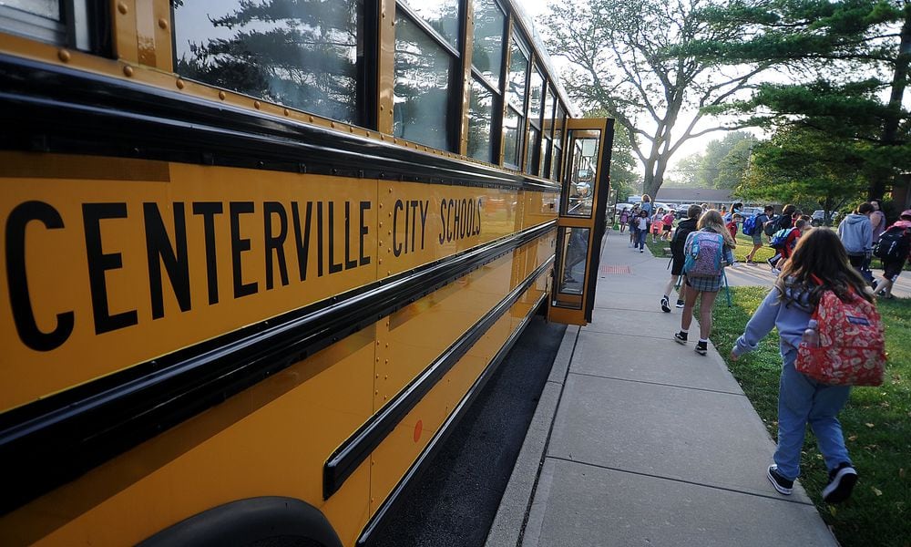 Students arrive at Cline Elementary in Centerville for the first day of school Wednesday, Aug. 16, 2023 . MARSHALL GORBY/STAFF