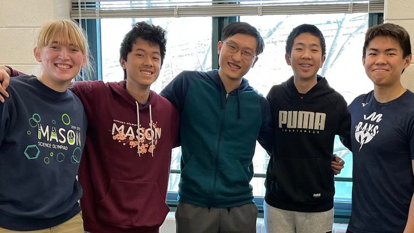 Students from Mason High School were among the top finishers in a recent international math competition. And they are now finalists going into next week’s final, online competition round with a chance to win part of $100,000 in prize money. From left to right: Katie Wilson, David Zhang, Matthew Qiu, Jason Wang and Oliver Gao. (Provided Photo\Journal-News)