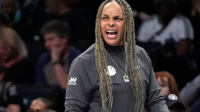 FILE - Chicago Sky coach Teresa Weatherspoon calls out to players during the first half of the team's WNBA basketball game against the New York Liberty, May 23, 2024, in New York. (AP Photo/Frank Franklin II, File)