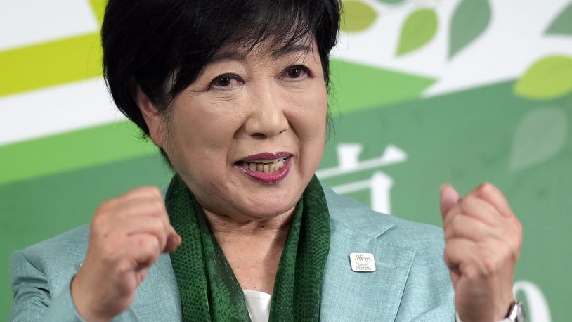 FILE - Incumbent Tokyo Gov. Yuriko Koike celebrates after she was elected for Tokyo's gubernatorial election in Tokyo, Sunday, July 7, 2024. Multiple women competing for a top political office is still rare in Japan, but Koike’s win highlights a gradual rise in powerful female officials and a society more open to gender balance in politics. That said, even if a woman eventually becomes prime minister, politics here is still overwhelmingly dominated by men, and experts see a huge effort needed for equal representation. (AP Photo/Hiro Komae, File)