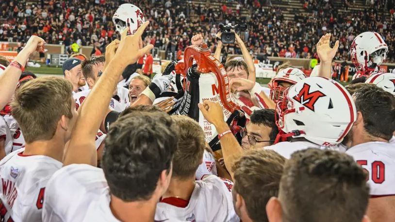 Miami celebrates its win over Cincinnati last year. Miami Athletics photo