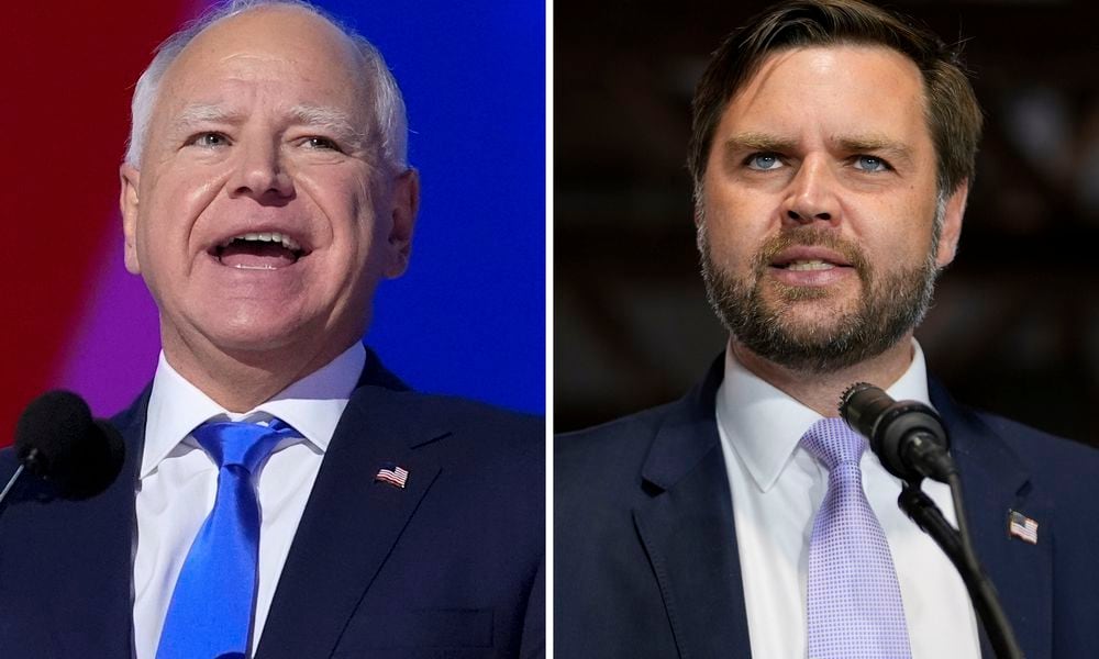 This combination of photos shows Democratic vice presidential candidate Minnesota Gov. Tim Walz, left, at the DNC on Aug. 21, 2024, in Chicago, and Republican vice presidential nominee Sen. JD Vance, R-Ohio, on Sept. 25, 2024, in Traverse City, Mich. (AP Photo)