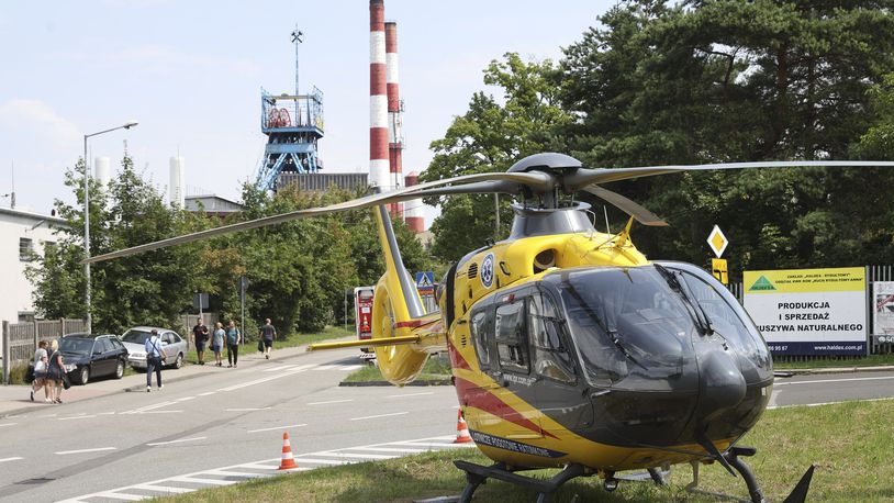 An airborne ambulance near the Rydultowy coal mine near the city of Rybnik, in southern Poland, on Thursday, July 11, 2024. Officials say that two Polish coal miners remain unaccounted for and at least 15 have been injured after a powerful tremor shook the Rydultowy coal mine. Rescuers are struggling to reach dozens of others. (AP Photo/Katarzyna Zaremba-Majcher)