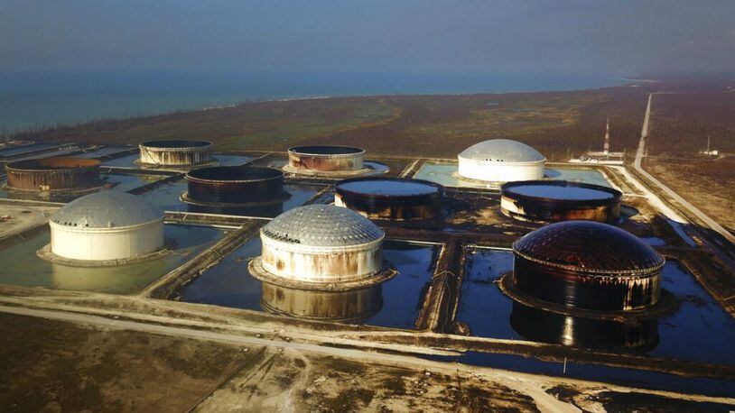 Aerial view of damage at Equinor's South Riding Point oil storage facility in the aftermath of Hurricane Dorian.