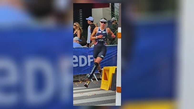 Grace Norman competes in the para triathlon Monday at the Paralympics in Paris. Norman won gold in the women's PTS5 race. CONTRIBUTED