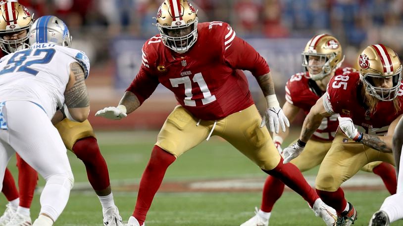 FILE - San Francisco 49ers offensive tackle Trent Williams (71) blocks during the NFC Championship NFL football game against the Detroit Lions in Santa Clara, Calif., Jan. 28, 2024. (AP Photo/Scot Tucker, File)