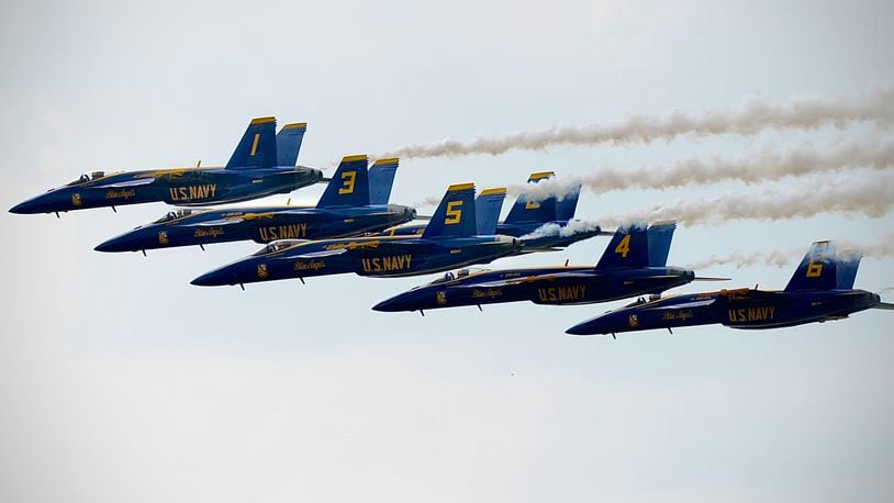 The U.S. Navy Blue Angels fly in formation as they arrive in Dayton Wednesday, June 19, 2024, ahead of the CenterPoint Energy Dayton Air Show this weekend at the Dayton International Airport. MARSHALL GORBY\STAFF