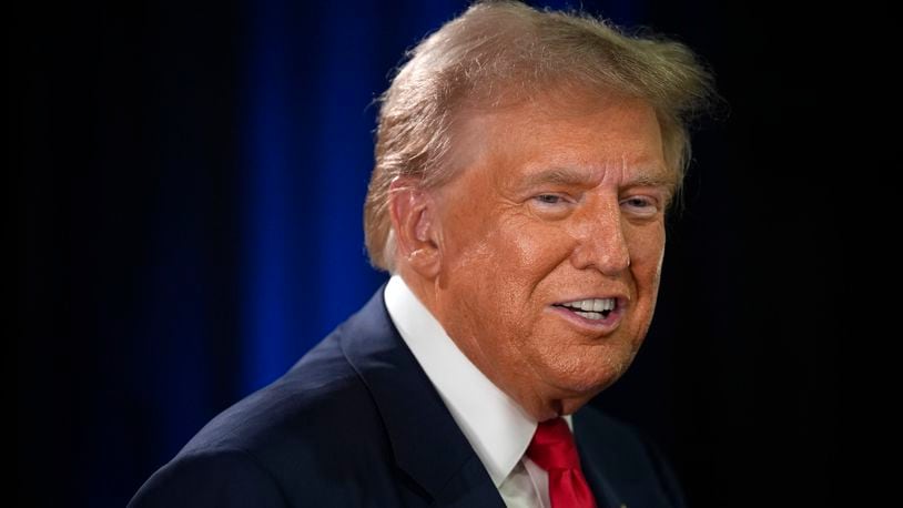 Republican presidential nominee former President Donald Trump speaks to reporters in the spin room after a presidential debate with Democratic presidential nominee Vice President Kamala Harris, Tuesday, Sept. 10, 2024, in Philadelphia. (AP Photo/Matt Slocum)