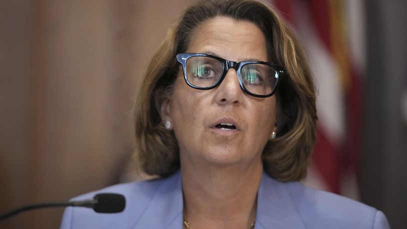 Deputy Attorney General Lisa Monaco speaks during a meeting of the Justice Department's Election Threats Task Force at the Department of Justice, Wednesday, Sept. 4, 2024, in Washington. (AP Photo/Mark Schiefelbein)