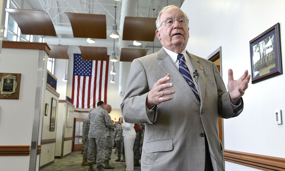 IN this file photo from 2020 former U.S. Rep. Dave Hobson talks about the Hobson Cyberspace Communications Complex at the Springfield Air National Guard Base. Bill Lackey/Staff