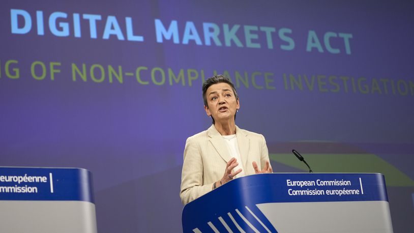 FILE - European Commissioner for Europe fit for the Digital Age, Margrethe Vestager speaks during a media conference regarding the Digital Markets Act at EU headquarters in Brussels, on March 25, 2024. European Union regulators accused social media company Meta Platforms on Monday, July 1, 2024 of breaching the bloc's new digital competition rulebook by forcing Facebook and Instagram users to choose between seeing ads or paying to avoid them. (AP Photo/Virginia Mayo)