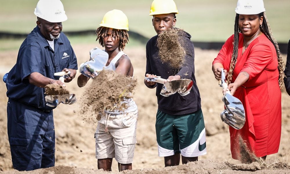 From left, Jefferson Twp. building and grounds supervisor Rod Dixon, Jefferson High students Christian Colling and Danial Kana and Jefferson Twp. board president Shaunece Gillespie break ground on the new agriculture center Tuesday morning June 25. 2024. JIM NOELKER/STAFF