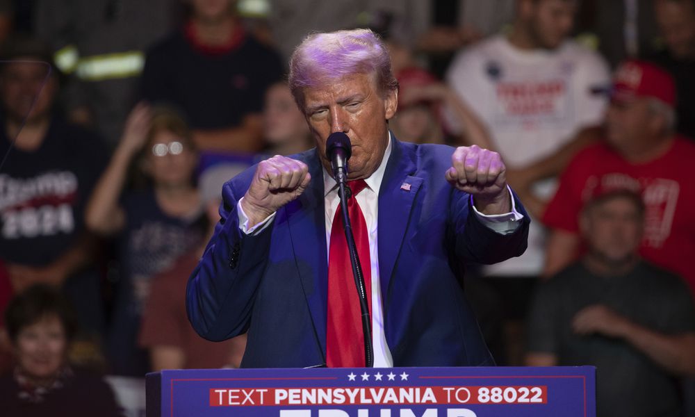 Republican presidential nominee former President Donald Trump makes a boxing gesture as he talks women's Olympic boxing during campaign rally at Ed Fry Arena in Indiana, Pa., Monday, Sept. 23, 2024. (AP Photo/Rebecca Droke)