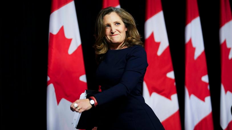 FILE - Deputy Prime Minister and Minister of Finance Chrystia Freeland holds a press conference in Ottawa, Ontario, on Tuesday, April 16, 2024. Canada’s government is investigating whether to impose a surtax on imports of Chinese-made electric vehicles. (Sean Kilpatrick/The Canadian Press via AP, File)