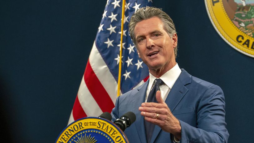 FILE -- California Gov. Gavin Newsom speaks during a news conference in Sacramento, California, on May 10, 2024. Newsom signed a law on Thursday, May 23, 2024, temporarily allowing Arizona doctors come to California to perform abortions. (AP Photo/Rich Pedroncelli,File)