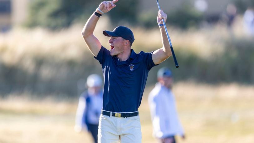Austin Greaser of the USA on the 17th green as USA win the tournament on day two of the 2023 Walker Cup at St Andrews, Scotland, Sunday Sept. 3, 2023. (Robert Perry/PA via AP)