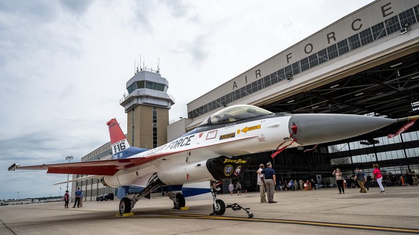 The F-16 Viper Demonstration Team’s custom F-16 Fighting Falcon sits on the flightline at Wright-Patterson Air Force Base, Ohio, June 25. The Viper Demo Team were present during an F-16 Golden Anniversary ceremony and put on an aerial demonstration for spectators later that day. (U.S. Air Force photo by Daniel Peterson)