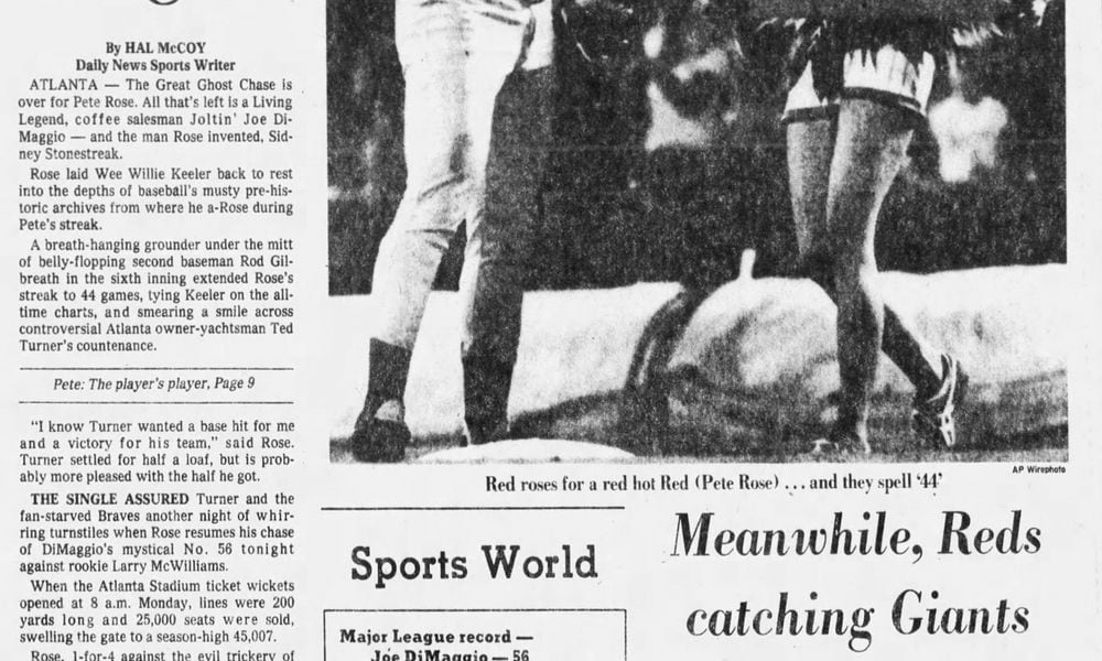 July 31, 1978 - Pete Rose extends his hitting streak to 44 consecutive games, a mark topped only by Joe DiMaggio's record of 56. Rose would have the streak halted the next night in Atlanta. DAYTON DAILY NEWS ARCHIVES