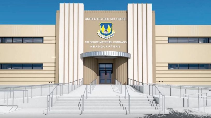 The east entrance of the Air Force Materiel Command headquarters building at Wright-Patterson Air Force Base is slated to receive a modern upgrade, featuring an accessible entryway, as part of the ongoing building renovation process. (Air Force Materiel Command image.)