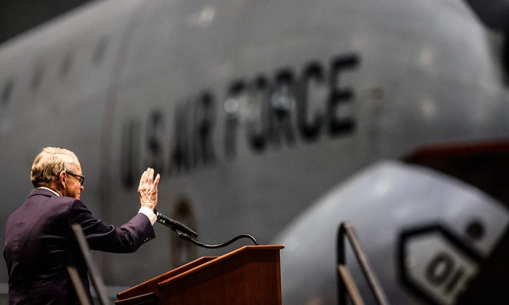 Ohio Gov. Mike DeWine held a news conference at the National Museum of the US Air Force Wednesday February 1, 2023, to promote his initiative to create new innovation hubs throughout the state. JIM NOELKER/STAFF