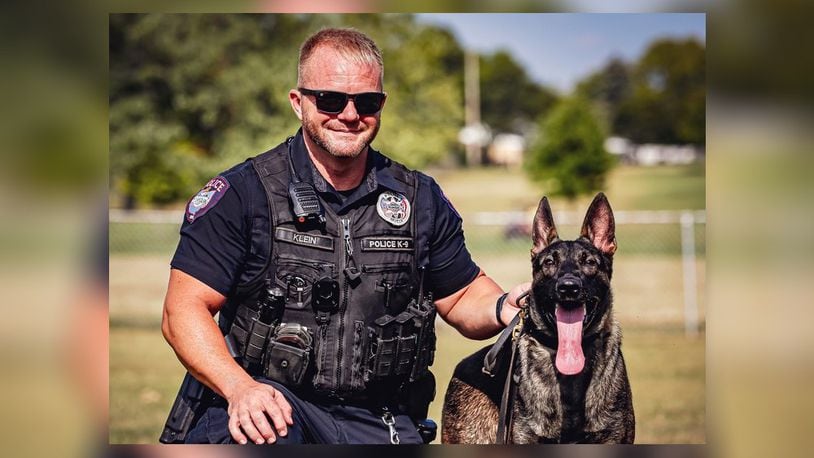 Officer Bryan Klein and K-9 Bolo of Miamisburg Police Department. Bolo, a 13-month-old German Shepherd, replaces K-9 Buck, who retired after six years with the department. CONTRIBUTED/CITY OF MIAMISBURG