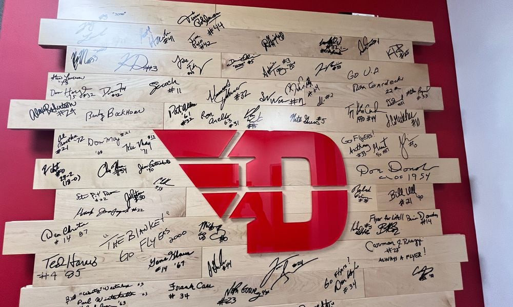 The Dayton basketball alumni board, signed by former players, is located in the coaches' offices at UD's Cronin Center. David Jablonski/Staff