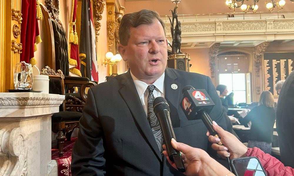 Ohio House Speaker Jason Stephens, R-Kitts Hill, answers questions from reporters after session on May 8, 2024.