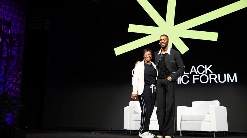 In this photo provided by Kim Ha, W.K. Kellogg Foundation president La June Montgomery Tabron and Oscar-nominated actor Colman Domingo stand together at the Essence Festival of Culture, July 6, 2024 in New Orleans. (Kim Ha/W.K. Kellogg Foundation via AP)