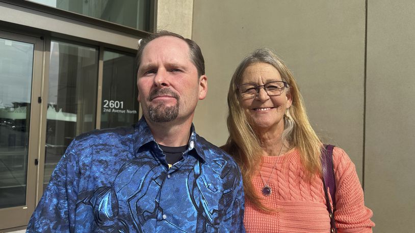 Richard Rogers and his wife Laurie are seen outside the James F. Battin Federal Courthouse, Tuesday, Oct. 1, 2024, in Billings, Mont. (AP Photo/Matthew Brown)