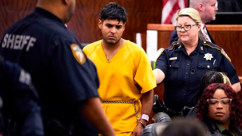 Johan Jose Rangel-Martinez, one of the two men accused of killing 12-year-old Jocelyn Nungaray, is led from the courtroom by deputies on Tuesday, June 25, 2024 in Houston. Capital murder charges have been filed against Johan Jose Rangel Martinez and Franklin Jose Pena Ramos, in the strangulation death of the 12-year-old. (Brett Coomer/Houston Chronicle via AP)