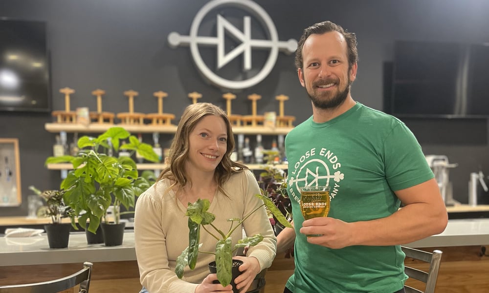 Loose Ends Brewing in Centerville is once again collaborating with Split Leaf Propagations to present its annual Plants and Beer event series. Pictured is Carla Huelskamp, the owner of Split Leaf Propagations, and John Loose, the owner of Loose Ends Brewing (CONTRIBUTED PHOTO).